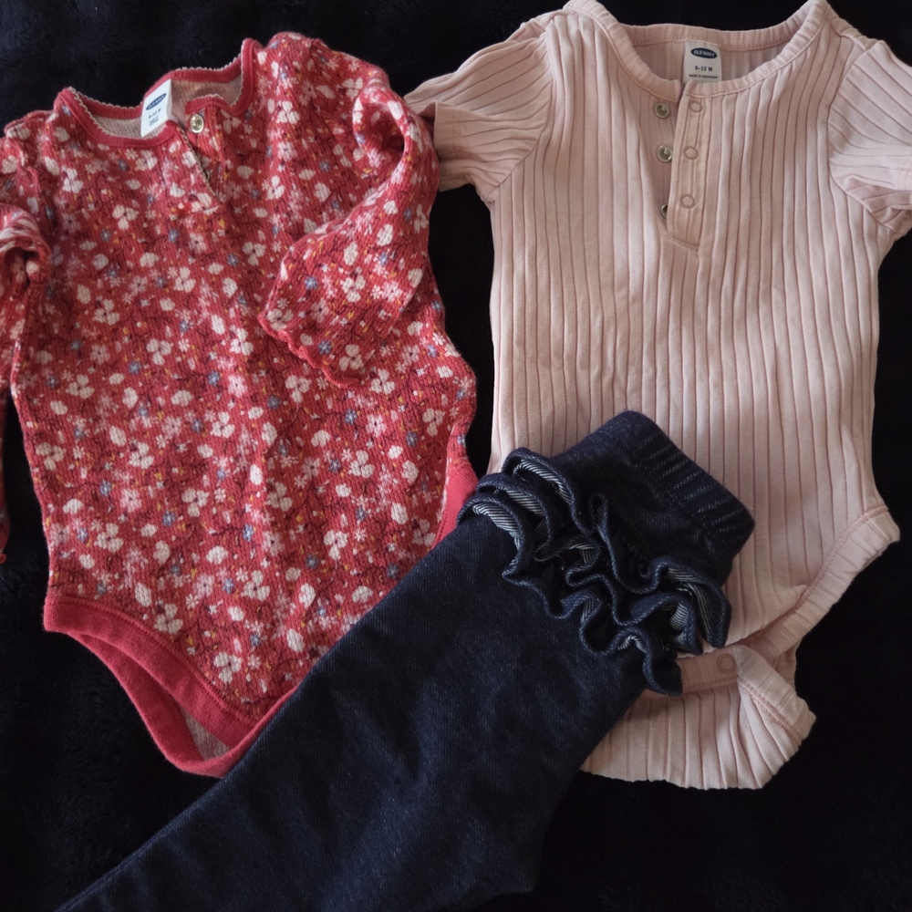 Old Navy Red Floral and Pink Ribbed Bodysuits with Black Pants